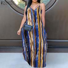 Women Summer Holiday Maxi Dress ZANZEA Striped Print Vestido 2021 Fashion Casual Sleeveless Robe Beach Party Strap Long Sundress 2024 - buy cheap