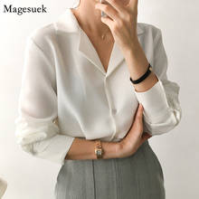 Camisa de manga larga con cuello en V para mujer, blusa ajustada de gasa, color blanco liso, para oficina, Otoño, 2021 2024 - compra barato
