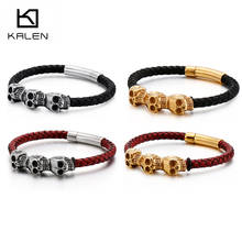 KALEN New Black Red Cowhide Leather Men Bangles Gold/ Stainless Steel Punk Skeleton Bracelets For Men Hiphop/Rock Jewelry 2024 - buy cheap