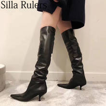 New Sexy Genuine Leather Pointed Toe Knee High Boots Woman Kitten Heels Knight Boots For Woman Winter Long Boots Woman 2024 - buy cheap