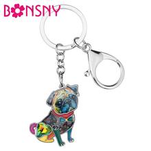 Bonsny Enamel Alloy Rhinestone Floral Pug Dog Key chains Rings Car Purse Bag Animal Keychain For Women Girl Teen Decoration Gift 2024 - buy cheap