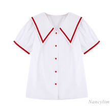 Nancylim-Camisa de manga corta con cuello de marinero para mujer, blusa holgada de estilo coreano, color blanco, primavera y verano, 2021 2024 - compra barato