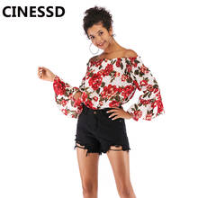 CINESSD-Blusa de gasa con estampado Floral para verano, camisa Sexy de manga larga con hombros descubiertos para mujer, estilo bohemio, 2020 2024 - compra barato