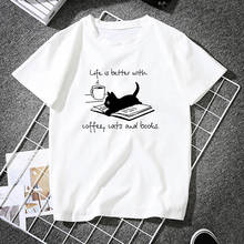 Seeyoushy жизнь лучше с кофе кошки и книги с принтом женские футболки Harajuku Топ Femme рубашки для женщин, модные, Ropa Mujer 2024 - купить недорого