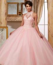 Rosa baratos quinceanera vestidos de baile halter tule apliques rendas frisado doce 16 vestidos 2024 - compre barato