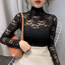 Sexy Lace Long Sleeve See-through Blouse Black White Fashion Shirt Women Turtleneck Bottoming Shirts New Tops 2021 Spring Blouse 2024 - buy cheap