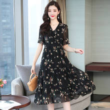 2020 Summer Chiffon Dress Women Vintage Floral Midi Korean Dress Female Elegant Black Dress Dresses Femmes M- 2024 - buy cheap