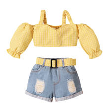 1-5Y Toddler Kids Girls Clothes Sets 2pcs Off Shoulder Plaid Printed T Shirts Tops Denim Belt Shorts 2024 - buy cheap