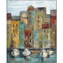 Wall Art Abstract Oil Painting Boats Italian Landscape Old Town Port Handmade Artwork Modern Canvas For Living Room 2024 - buy cheap