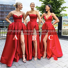 Vestido de cetim vermelho linha a, dama de honra com divisão alta, amor, longo, casamento, vestido de convidados 2024 - compre barato