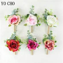 YO CHO-ramillete de muñeca para hombre, pulsera de Boutonniere para niña, broche de novio, alfileres, ramillete de boda, pulseras de damas de honor, flor de Rosa de seda 2024 - compra barato