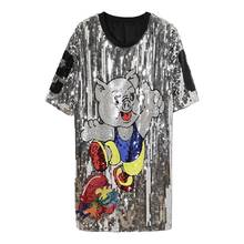 Runway Summer large size Women T-shirt female short-sleeved cartoon loose 2019 Sequins Fashion Style round neck Long T-shirt 2024 - buy cheap