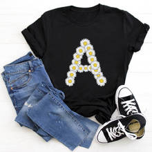 26 alfabeto inglês margarida flor t-shirt mulheres impressão harajuku camiseta verão casual manga curta moda tops t 2020 2024 - compre barato