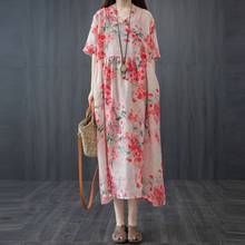 Vestido folgado de linho e algodão feminino, vestido longo estampado floral, estilo vintage, novo verão 2021 2024 - compre barato