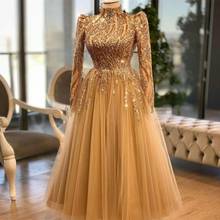 Gold Sparkly Prom Dresses High Neck Beads Sequins Long Sleeves Muslim Evening Dress Party Gowns Ankle Length vestidos de fiesta 2024 - buy cheap
