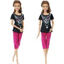 Ручная работа, 1 комплект, черная футболка с бантом и принтом, розовые брюки с блестками, повседневная одежда, аксессуары для Барби Кукла, детская игрушка 2024 - купить недорого