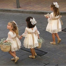 Criança crianças do bebê meninas da dama de honra vestido branco na altura do joelho moda festa de renda manga longa arco vestidos de noiva princesa 2024 - compre barato