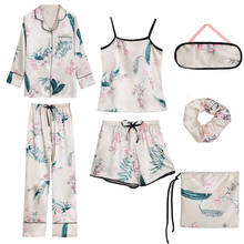 7 Pieces Set Women Pajamas Ice Silk Printing Fashion Long Sleeve Sleepwear 2024 - buy cheap