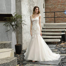Sheer Scoop Neck Lace Appliqued Wedding Dresses Mermaid Style With Cap Sleeves Sweep Train Wedding Gowns vestido de noiva 2020 2024 - buy cheap