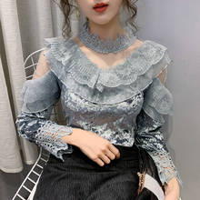 2020 New Women Ruffles Mesh Blouse  Spring Autumn Sweet Velvet Patchwork Lace Shirt Female Long Sleeve Blouses Short Tops AB1805 2024 - buy cheap