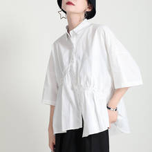 Johnature New Fashion Simple Irregular Women Shirts 2022 Summer Solid Color Loose Half Sleeve Turn-down Collar Blouses 2024 - buy cheap