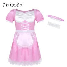 3Pcs Mens Sissy Maid Uniform Fancy Dress Costume Role Playing Games Outfit Short Sleeve Satin Dress with Choker and Headband 2024 - buy cheap