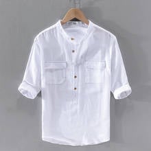 New Designer Cotton And Linen Half-sleeved Stand Collar White Shirt Men Casual Fashion Solid Shirts For Men Camisas De Hombre 2024 - buy cheap