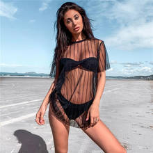 hirigin Women Sexy Mesh Sheer See Through Bikini Cover Ups Swimwear 2020 New Black Striped Swimsuit Bathing Beach Dress Cover Up 2024 - buy cheap