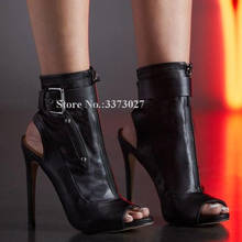 Botas curtas femininas de couro preto, sapatos peep toe decoração com zíper, salto stiletto, calcanhar, sapatos para mulheres, dropship 2024 - compre barato