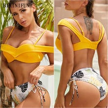 Bañador Sexy con hombros descubiertos para mujer, traje de baño amarillo liso con Espalda descubierta, ropa de baño S-XL chica, conjunto de Bikini de cintura alta para playa 2021 2024 - compra barato