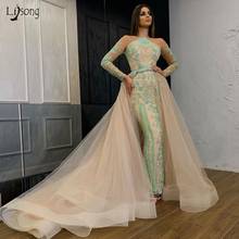 Vintage Champagne Lace Mermaid Evening Dresses 2020 With Detachable Train Modest Full Sleeves Beaded Prom Gowns 2024 - buy cheap