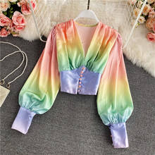 Spring Rainbow Gradient Color Printed Blouse Women Sexy V-Neck Lantern Long Sleeve Short Tops Female Single Breasted Shirt 2024 - buy cheap