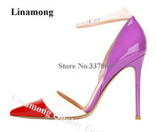 Linamong Newest Patent Leather Pathchwork Stiletto Heel Pumps Ankle Strap Purple Red White Mixed-colors High Heels Dress Shoes 2024 - buy cheap