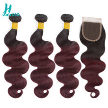 HairUGo Ombre Peruvian Hair 4 Bundles With Closure Pre-Colored 1B/99J Body Wave Human Hair Bundles With Closure Non Remy Hair 2024 - buy cheap