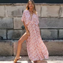 TEELYNN pink Floral Maxi Dress women Sexy Deep V Neck Side split Boho dresses Summer 2020 Vintage Vestidos Casual Dresses beach 2024 - buy cheap