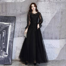 Черное вечернее платье с вышивкой и блестками, кружевное платье до пола с круглым вырезом и длинными рукавами, новые модные простые женские Вечерние наряды A652 2024 - купить недорого