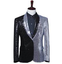 Blazer masculino metade de lantejoulas, blazer preto e metade de prata, casaco de moda com assimetria e jaqueta, roupas masculinas para cantores de palco 2024 - compre barato