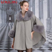 2019 Fashion Women Winter Capes Big Faux Rabbit Fur Collar Knitted Open Stitch Poncho Long Sleeve Cardigan Thick Warm Cloak Coat 2024 - buy cheap