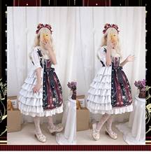 Fresh sweet lolita vintage falbala bowknot cute printing high waist princess victorian dress kawaii girl gothic lolita set loli 2024 - buy cheap