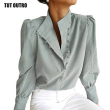Blusa de gola alta elegante manga comprida camisa branca escritório senhoras topo casual sólido único-breasted puff manga blusas das mulheres 2024 - compre barato