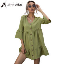 Women Blouse Mini Ruffle Dress Loose Shirt Summer Casual V-Neck Half Sleeve Button Elegant Ladies Party Vestido 2024 - buy cheap