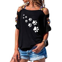 cat paws print Women tshirt Cotton Casual Funny t shirt For Lady Short Sleeve Sexy Hollow Out Shoulder Top Tee Girl 2024 - buy cheap