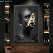 Pintura en lienzo de Arte Abstracto africano para mujer, póster de mujer negra y dorada, cuadro de figura escandinava, cuadro de pared, decoración atística de pared Pintura de arte moderno minimalista nórdico con impre 2024 - compra barato