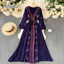 2021 spring summer new women's V-neck embroidery cotton and linen dress female lace-up waist A-line vacation Ethnic dresses 2024 - buy cheap