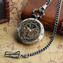 Relojes de bolsillo mecánicos manuales con esqueleto negro/bronce transparente, cadena colgante, reloj de bolsillo 2024 - compra barato