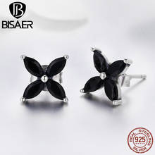 BISAER Authentic 925 Sterling Silver CZ Zirconia Cross Flower Black Small Stud Earrings for Women Silver 925 Jewelry HSE362 2024 - buy cheap