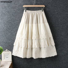 TIYIHAILEY Free Shipping 2021 New Cotton Linen Women Skirt Summer Long mid-calf Elastic Waist A-line Embroidery Lace Patchwork 2024 - buy cheap