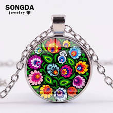 Polish Folk Art Patterns Necklace Glass Cabochon Pendant Metal Chain Necklace Paper Cutting Element Flower Jewelry For Women New 2024 - buy cheap