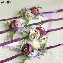 YO CHO Artificial Rose Flower Buttonhole Groom Boutonniere Wedding Corsage Bracelet Bridesmaid Purple Silk Flowers Brooch Marria 2024 - buy cheap