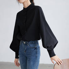 Blusas Mujer De Moda 2021 Ladies Tops Black Long Sleeve Shirts for Women Button Up Stand Puff Sleeve Solid Stand White 0249 2024 - buy cheap